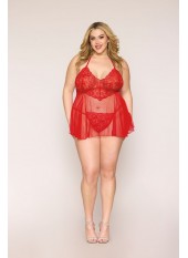 Nuisette grande taille rouge en résille et dentelle florale, string assorti - DG13524XRED