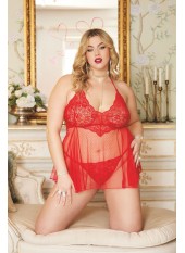 Nuisette grande taille rouge en résille et dentelle florale, string assorti - DG13524XRED