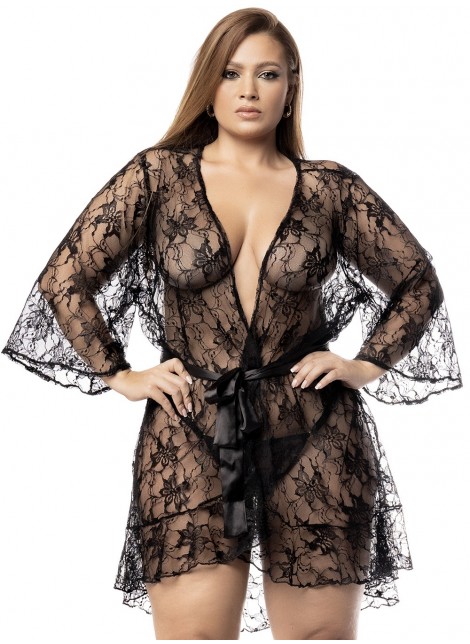 Peignoir, grande taille, en dentelle noire transparente avec son string - MAL7495XBLK