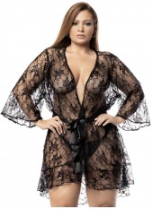 Peignoir, grande taille, en dentelle noire transparente avec son string - MAL7495XBLK