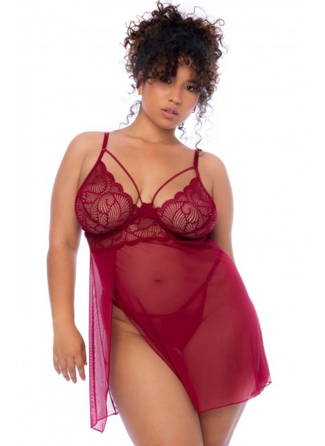 Nuisette grande taille couleur framboise et string - MAL7555XROSW