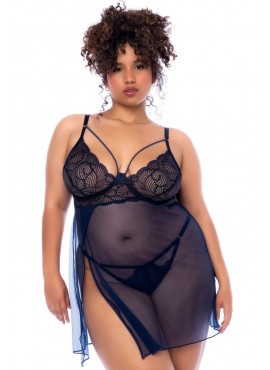 Nuisette grande taille bleu nuit et string - MAL7555XMNBL