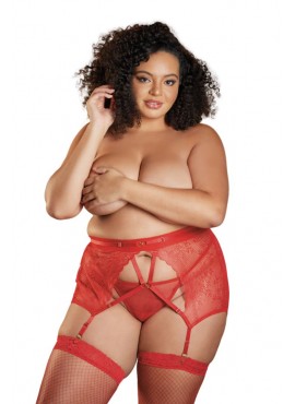 Porte jarretelles grande taille en dentelle rouge et string CHARISSA - 12-7012XR