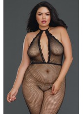 Bodystocking résille grande taille à encolure plongeante - DG0315XBLK