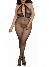 Bodystocking résille grande taille à encolure plongeante - DG0315XBLK