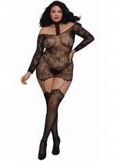 Bodystocking résille guêpière grande taille réversible avec tour de cou - DG0318XBLK