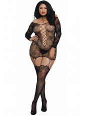 Bodystocking résille guêpière grande taille réversible avec tour de cou - DG0318XBLK