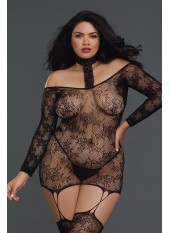 Bodystocking résille guêpière grande taille réversible avec tour de cou - DG0318XBLK