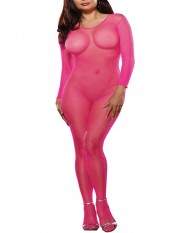 Bodystocking rose fluo résille grande taille ouvert à l'entre-jambes - DG0015XHPK