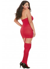 Bodystocking rouge grande taille effet guêpière avec dentelle - DG0035XRED