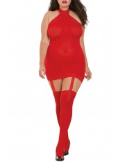 Bodystocking rouge grande taille effet guêpière avec dentelle - DG0035XRED