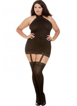 Bodystocking noir grande taille effet guêpière avec dentelle - DG0035XBLK