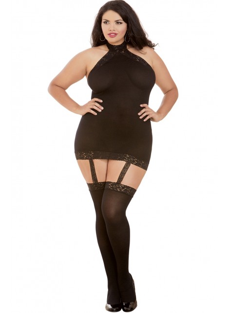 Bodystocking noir grande taille effet guêpière avec dentelle - DG0035XBLK