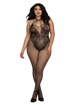 Bodystocking Grande taille résille dans un style Body avec magnifique décolleté à lanières - DG0326XBLK