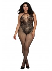 Bodystocking Grande taille résille dans un style Body avec magnifique décolleté à lanières - DG0326XBLK