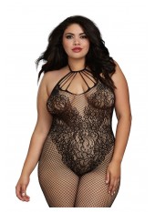 Bodystocking Grande taille résille dans un style Body avec magnifique décolleté à lanières - DG0326XBLK