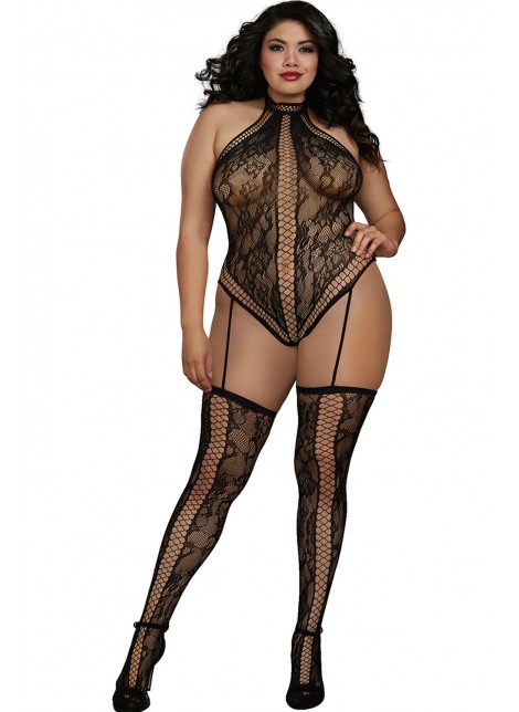 Combinaison Grande Taille dans un style Body string en dentelle avec des détails croisés - DG0329XBLK