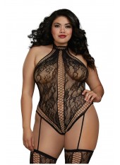 Combinaison Grande Taille dans un style Body string en dentelle avec des détails croisés - DG0329XBLK