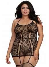 Combinaison grande taille en dentelle et lanières entrecroisées devant et derrière - DG0331XBLK