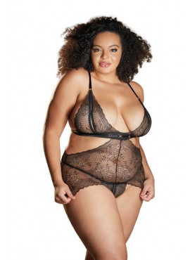 Nuisette dentelle noire grande taille avec string ouvert ROSIE - 17-6002XB