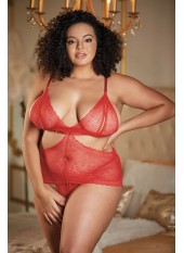 Nuisette dentelle rouge grande taille avec string ouvert ROSIE - 17-6002XR