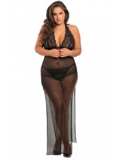 Nuisette longue grande taille fendue transparente - REN51004X-BLK