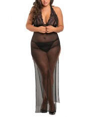 Nuisette longue grande taille fendue transparente - REN51004X-BLK