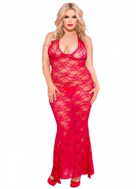 Nuisette grande taille longue rouge décolletée dentelle florale - ML53012XRED