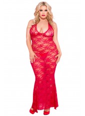 Nuisette grande taille longue rouge décolletée dentelle florale - ML53012XRED