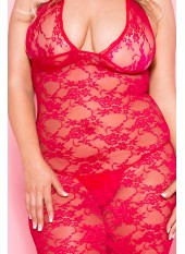 Nuisette grande taille longue rouge décolletée dentelle florale - ML53012XRED