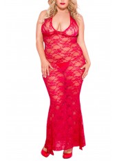 Nuisette grande taille longue rouge décolletée dentelle florale - ML53012XRED