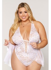 Body grande taille dentelle blanc avec tulle amovible - DG12918XWHT