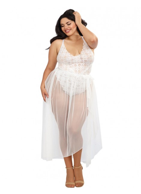 Body string grande taille blanc échancré dentelle avec jupe de maille transparente amovible - DG10996XWHT