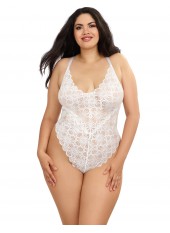 Body string grande taille blanc échancré dentelle avec jupe de maille transparente amovible - DG10996XWHT