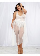 Body string grande taille blanc échancré dentelle avec jupe de maille transparente amovible - DG10996XWHT