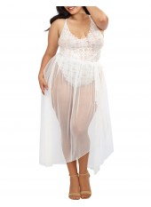 Body string grande taille blanc échancré dentelle avec jupe de maille transparente amovible - DG10996XWHT