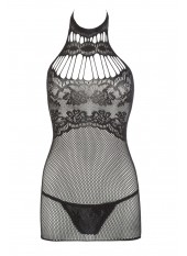 Petite robe en résille noire, sans couture, avec dentelle sur la poitrine. String assorti - R27167551101