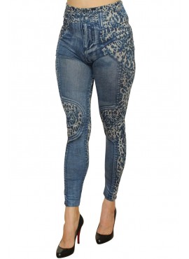 Legging bleu effet jean délavé imprimé léopard - FD1017