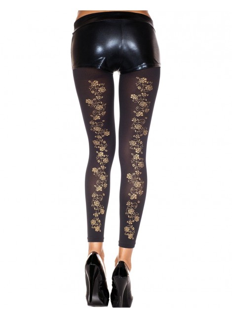 Legging fin noir opaque avec fleurs dorées sur l'arrière - MH35821BLK