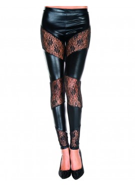 Legging noir wetlook avec bandes de dentelle florale - MH35134BLK