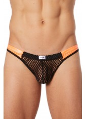 String noir filet avec bandes simili cuir oranges - LM911-57MBKO