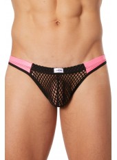 String noir filet avec bandes simili cuir roses - LM911-57MBKM