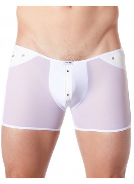 Boxer blanc sexy maille transparente et bande style cuir - LM807-67WHT