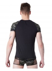 T-shirt noir sexy armée déco camouflage sur les manches et col rond ouvert - LM814-81BLK