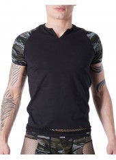 T-shirt noir sexy armée déco camouflage sur les manches et col rond ouvert - LM814-81BLK