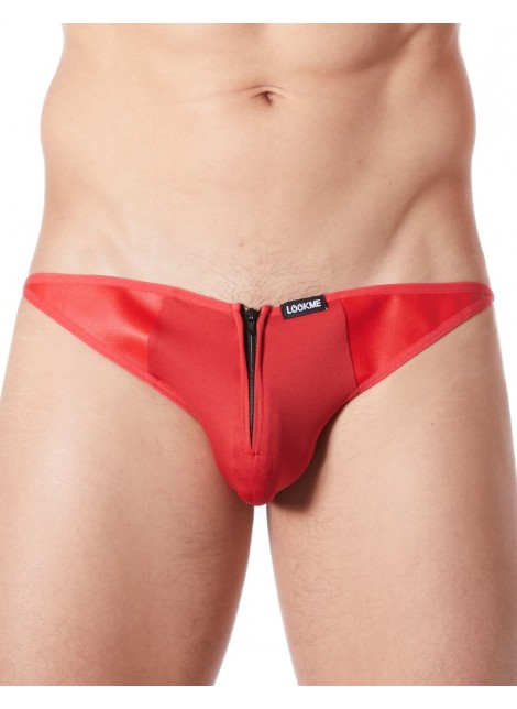 Slip brief rouge sexy avec fermeture éclair et côtés style cuir dos transparent - LM813-61RED