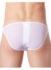 Slip brief blanc sexy avec fermeture éclair et côtés style cuir dos transparent - LM813-61WHT