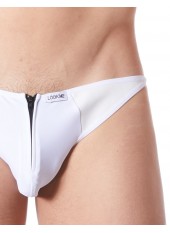 Slip brief blanc sexy avec fermeture éclair et côtés style cuir dos transparent - LM813-61WHT