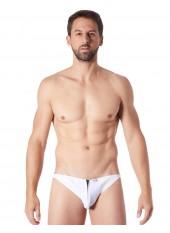 Slip brief blanc sexy avec fermeture éclair et côtés style cuir dos transparent - LM813-61WHT