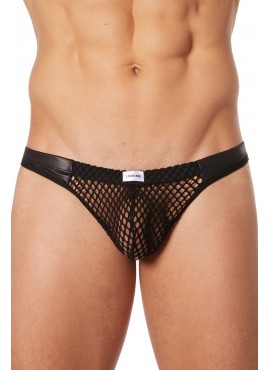 String noir filet avec bandes simili cuir - LM911-57MBLK